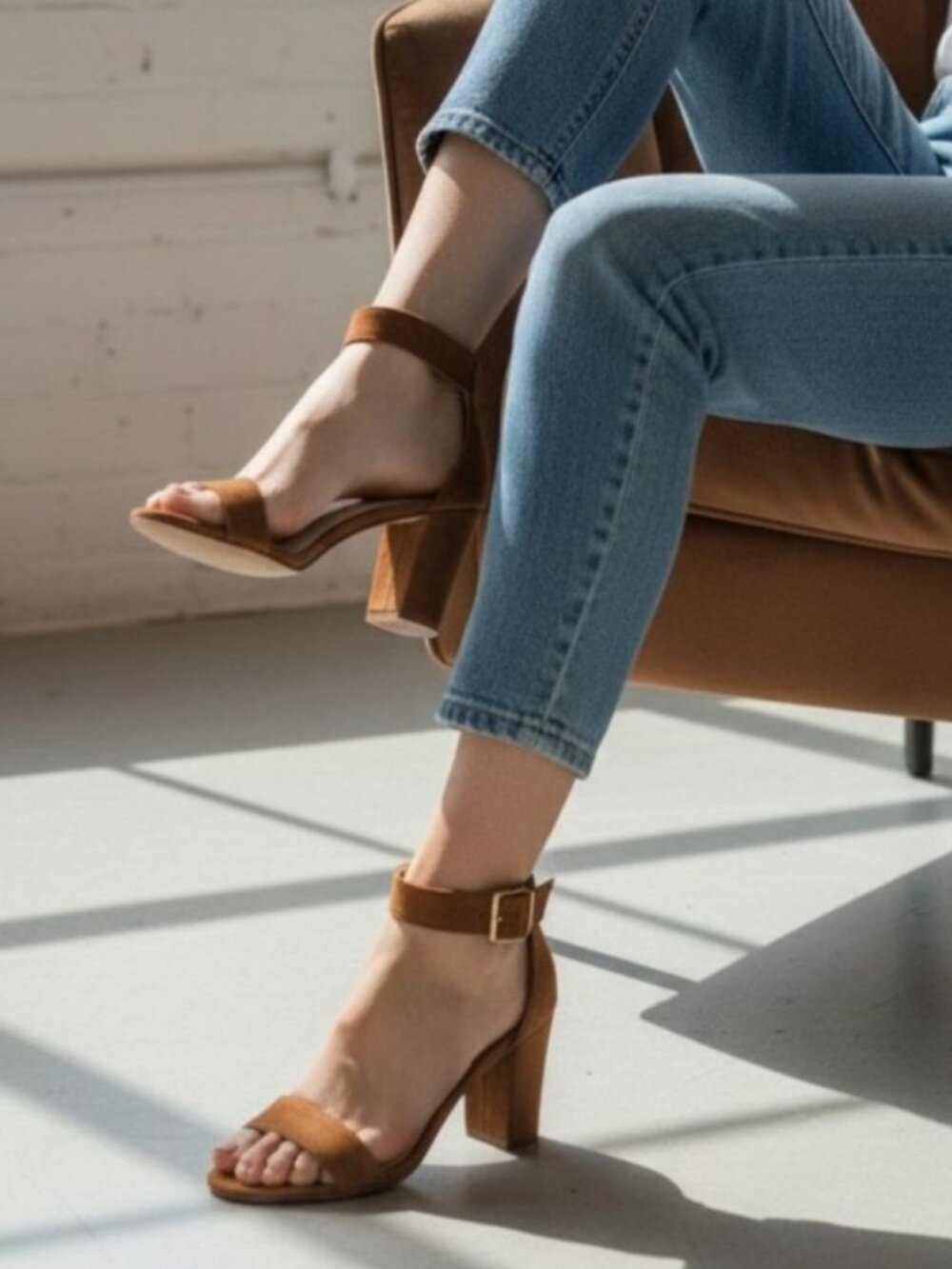 Tan Faux Suede Block Heel Sandals With Adjustable Ankle Strap Open Toe Design Wo